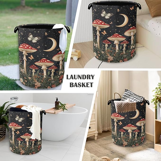Mushroom Forest Plant Laundry Hamper,Butterfly Moon Dirty Clothes Laundry Basket with Handles Waterproof Oxford Cloth Storage Basket for College Dorms Bathroom Bedroom 16" x 20.8"