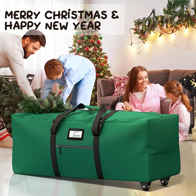 Mrrihand Christmas Tree Storage Bag, Large Artificial Anti-Tear Heavy-Duty 600D Oxford Cloth Xmax Christmas Tree Storage Box with Rolling Wheels, Christmas Tree Storage Container (Green, 7.5Ft)