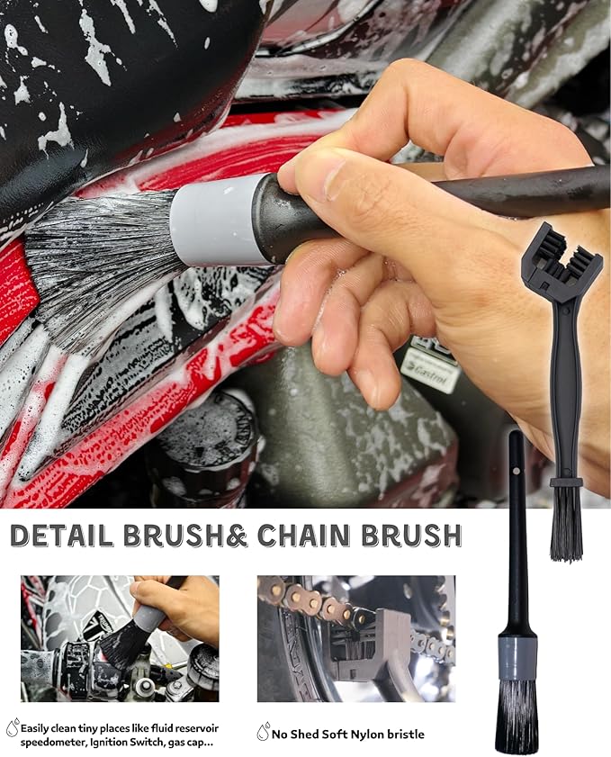 oesee 8 Pack Motorcycle Cleaning Kit - Professional Safe for Chrome/Engine/Tires, Hard Reach Brush, Microfiber Mitt, Detailing Tools, Drying Towel & Wax Applicators