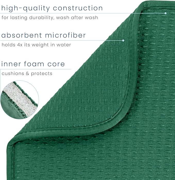 S&T INC. Dish Drying Mat, 16” x 18”, Absorbent Microfiber Kitchen Counter Mat, Drying Pad for Dishes, Utensils, Pots and Pans, Large, Diamond Texture, Emerald Green