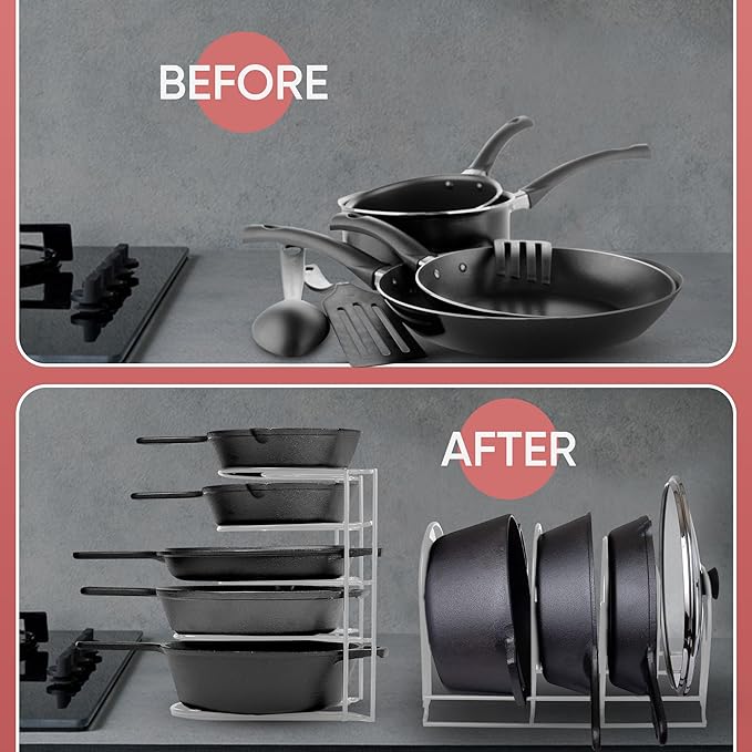 Extreme Matters Heavy-Duty Pots and Pans Organizer | 5-Tier Cookware & Lid Storage Rack | Free-Standing or Wall-Mount | Kitchen Organizer for Cast Iron Skillets, Pots, Frying Pans, Lids | White