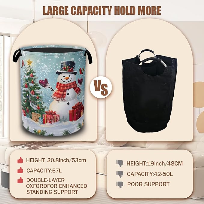 Christmas Laundry Baskets,Cute Snowman Laundry Hamper,Storage Basket with Handles for Bathroom Bedroom College Dormitory Living Room Nursery Organizer 16"x20.8"