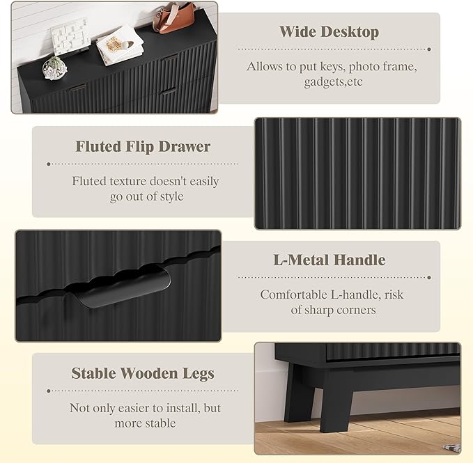 Shoe Cabinet Storage for Entryway with 6 Flip Drawers, Fluted Narrow Shoe Organizer with Wooden Legs, Freestanding Slim Shoe Storage Hidden Shoe Rack Organizer for Front Door Entrance, Black