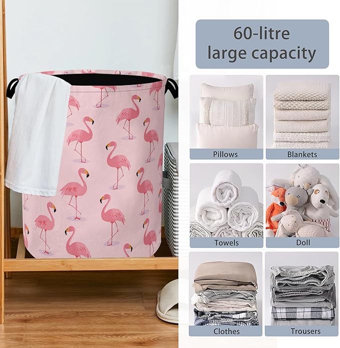Pink Flamingo Laundry Hamper,Tropical Dirty Clothes Laundry Basket with Handles Waterproof Oxford Cloth Storage Basket for College Dorms Bathroom Bedroom 16" x 20.8"