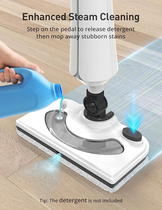 Black Steam Mop for Hardwood Floors, 1300W 25S Heat Up Floor Steamer with Detergent Chamber, Lightweight Cleaner for Tiles/Carpets, 2 Washable Pads