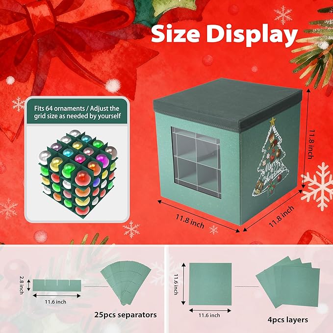 Christmas Ornament Storage Box with Lid - Holds 64 Ornaments, Large Sturdy & Foldable Organizer Case for Holiday Decor 11.8x11.8x11.8 Inch