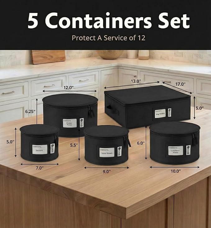 China Storage Hard Shell Containers 5-Piece Set Moving Boxes for Dinnerware, Glasses, Plates, Mugs and Saucers Sturdy Dish Organizer with Dividers for Seasonal Storage - Service for 12 - Black Quilted