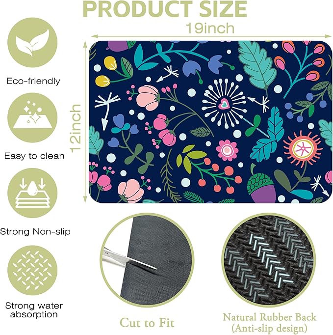 Kitchen Mat Beautiful Floral Dish Drying Mat 12"x19" Bsorbent Coffee Maker Mat for Sink Dishes or Under Rack Kitchen Counter Accessories Absorbent Hide Stain Rubber Backed Dish Drying Pad