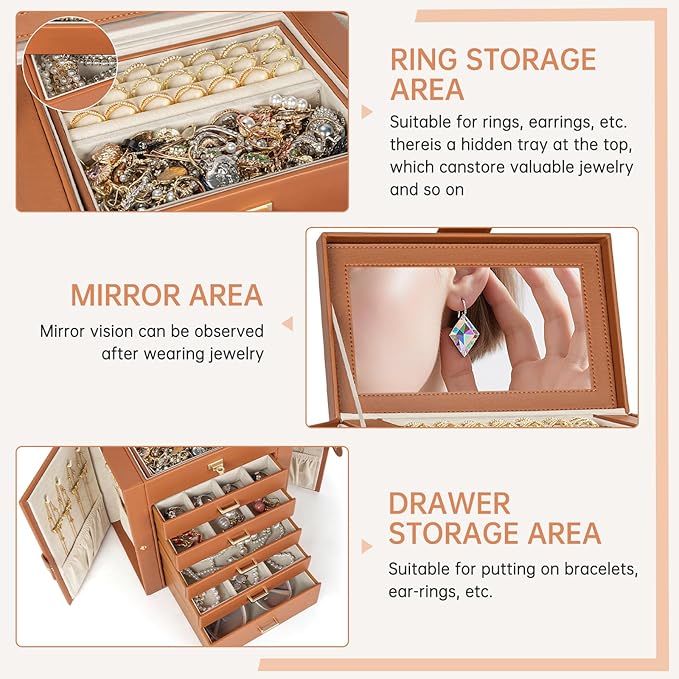 AKOZLIN 6-Tier Jewelry Box Organizer Functional 5 Drawers Leather Jewelry Storage Case for Women Girls Ring Necklace Earring Bracelet Holder Organizer with Mirror Dark Orange