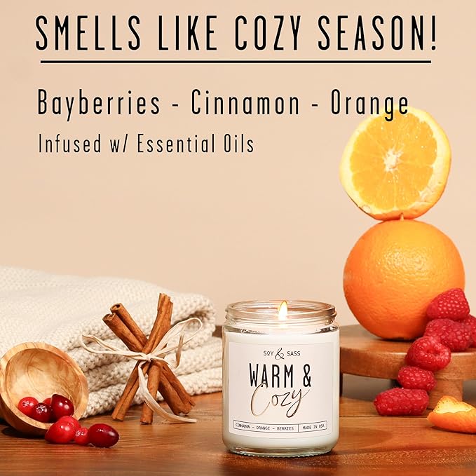 Christmas Candles, Fall Candles, Warm and Cozy' Soy Candle I Berries, Apple & Cinnamon I Infused w/Essential Oils I Warm n Cozy Home Decor I Winter and Holiday Candle I 50Hr Burn I USA Made