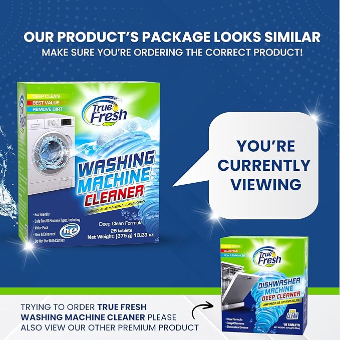 True Fresh Washing Machine Cleaner Tablets – 25-Pack Deep Cleaning for Front Load, Top Loader & HE Washers – Helps Remove Odor-Causing Residues, Pet Hair & Hard Water Buildups – Septic Safe