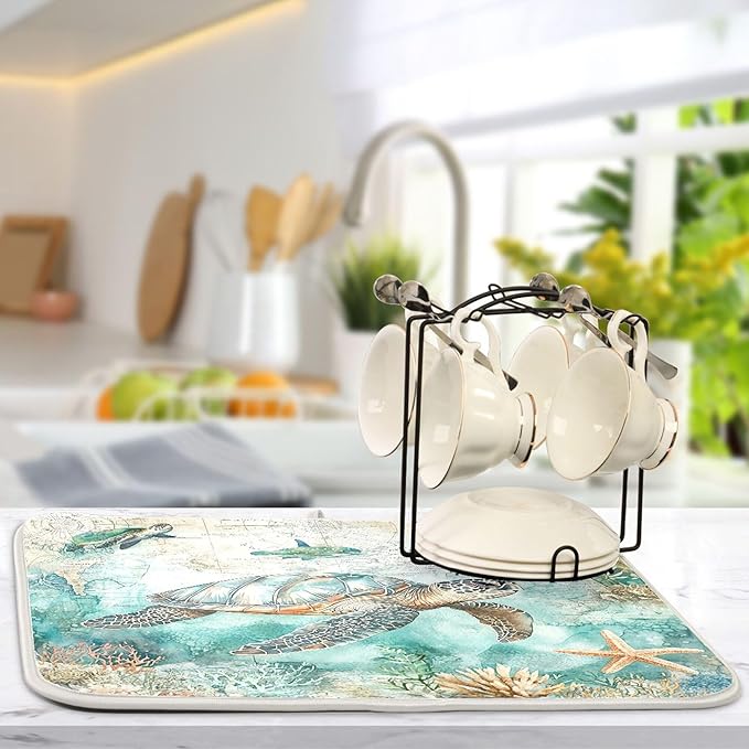 Nautical Theme Dish Drying Mat for Kitchen Counter Sea Horse Turtle Octopus Coastal Drying Mats Super Absorbent Reversible Microfiber Kitchen Countertop Protector Dishes Pad Large 18x24 inch
