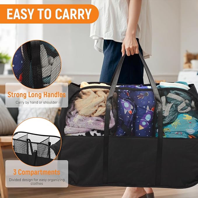 Collapsible Laundry Baskets with 3 Compartment, 150L Tear-proof Pop Up Hamper, Foldable Laundry Basket with Tote Handles, Dirty Clothes Hamper for Laundry, Bedroom, Bathroom, Dorm Black