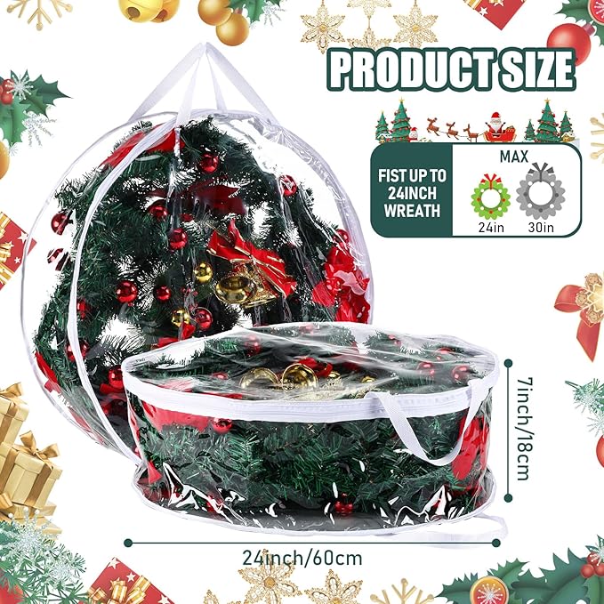 Zhengmy 15 Pcs 24 Inch Christmas Wreath Storage Bags Transparent Wreath Storage Container Bulk Wreaths Box with Dual Zippers and Handles for Xmas Holiday Wreaths Garland
