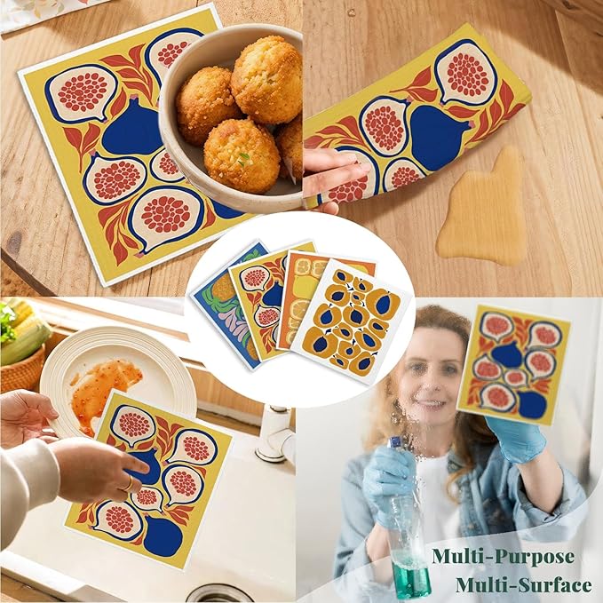 LARTSFRO Swedish Dishcloths for Kitchen, Papaya Reusable Paper Towels Washable, Summer Lemon Pineapple Swedish DishCloths for Friut, 4 Pack Dish Towels for Kitchen