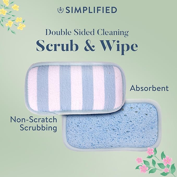 Simplified 5-Pack Scrub & Wipe 2-in-1 Dishwashing Sponges - Non-Abrasive Cleaning Sponges, Double-Sided - Safe for Dishes, Non-Stick Pans or Glassware, Absorbent Dish Sponges, Blue Stripe