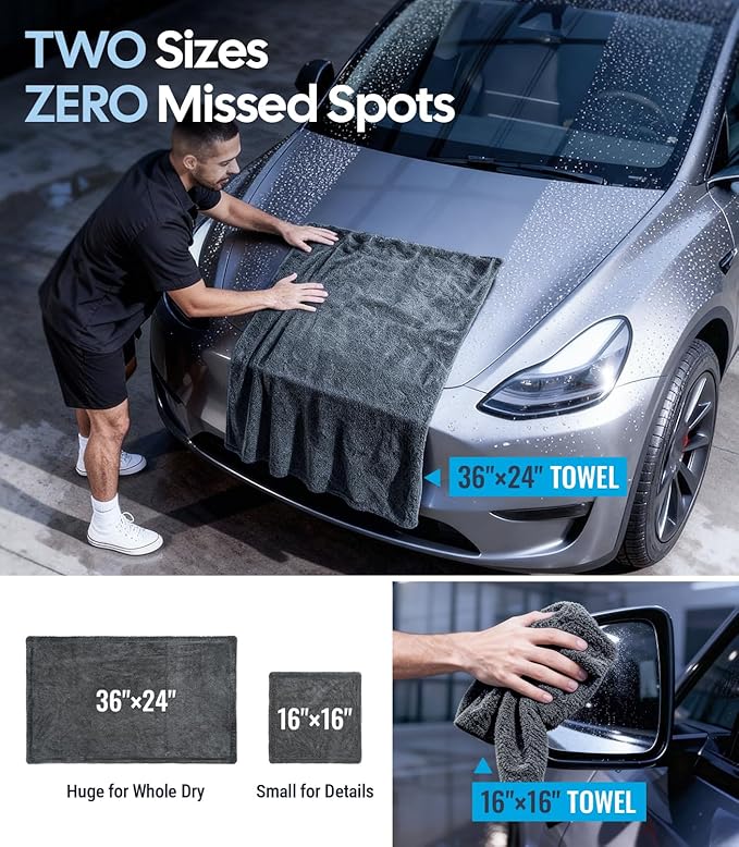 Wigoo Microfiber Car Drying Towels 36" x 24" [1300GSM Ultra-Absorbent, No Streaks & Scratches] Dual-Sided Edgeless Cleaning Towel with Twisted Loop, for Auto Detailing, Cars, SUV, Truck (2-Size Set)