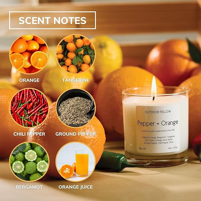Outdoor Fellow Pepper + Orange Candle, 8oz, Coconut & Apricot Wax Blend, Bergamot, Neroli, Chili Pepper, 40+ Hour Burn Time, Citrus Scented Candle, Vibrant Home Fragrance