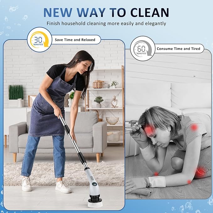 Electric Spin Scrubber Upgraded Battery with Extra-Long Runtime, IPX7 Waterproof Power Cleaner with 7 Brush Heads, 2 Speeds Adjustable Long Handle for Bathroom, Floor, Shower