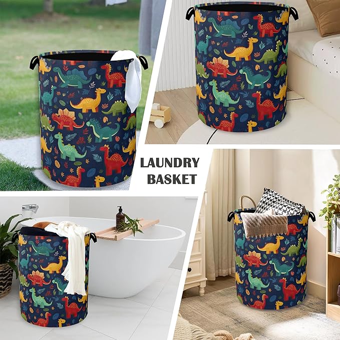 Cute Dinosaur Laundry Hamper,Fern Plants Dirty Clothes Laundry Basket with Handles Waterproof Oxford Cloth Storage Basket for College Dorms Bathroom Bedroom 16" x 20.8"