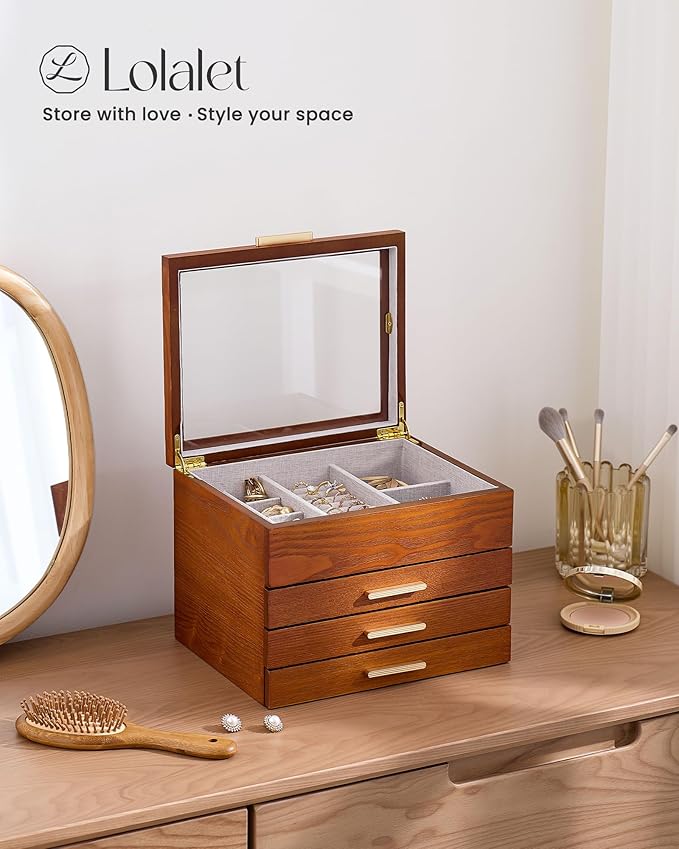 Lolalet Jewelry Box, Clear Window Wood Grain Jewelry Storage for Earrings Bracelets Necklaces Rings, High Capacity Organizer for Women -Cherrywood, 4 Layers