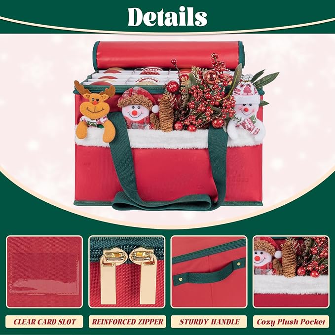 Christmas Ornament Storage Box Holiday Ornaments Storage Container Bin Zippered Top Ball Storage with Adjustable Dividers Holds 72 Ornaments (3 Inch) Red