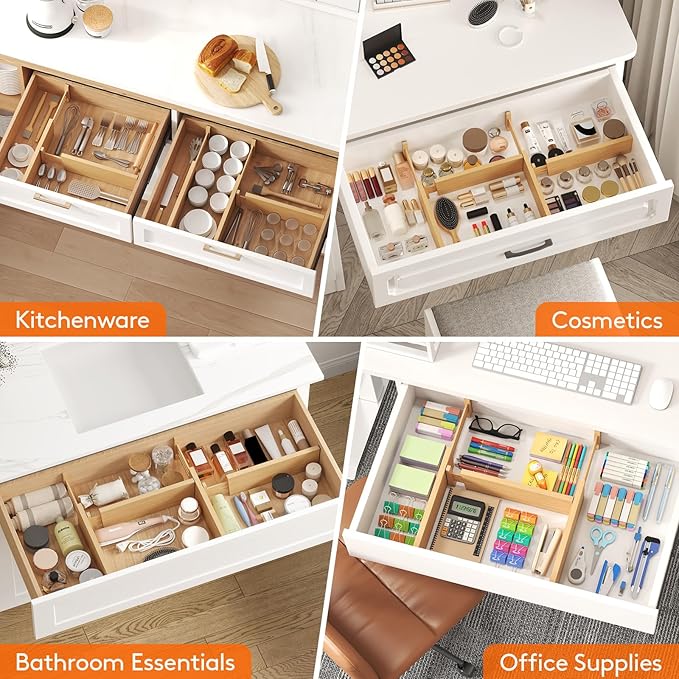 Lifewit 4 Pack 4" High Bamboo Drawer Dividers, 12-16" Adjustable Drawer Organizers for Clothes, Wood Dresser Drawer Divider, Expandable Deep Drawer Separators for Dresser, Kitchen, Bedroom, Bathroom