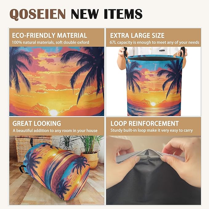 Laundry Hamper,Tropical Palm Laundry Basket,Sunset Sea Beach Waterproof Oxford Cloth Storage Basket with Handle for Clothes Books Nursery Home Storage Sundries 16"x20"