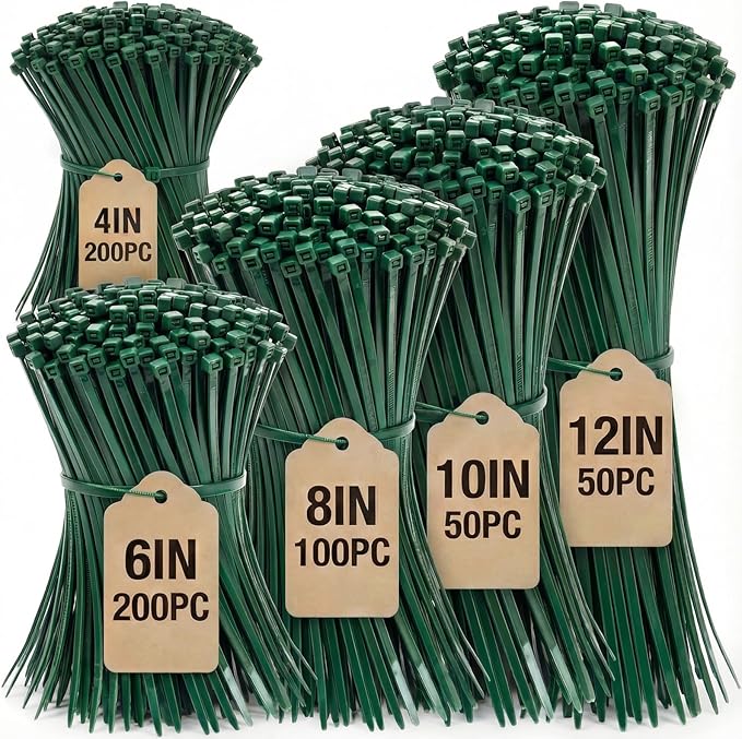 Zip Ties Assorted Sizes 4+6+8+10+12-Inch,600PCS Green Zip Ties,Multi-Purpose Self-Locking Nylon Cable Tie,Wire Tie Perfect for Home,Garden Trellis,Office,Garage and Workshop.