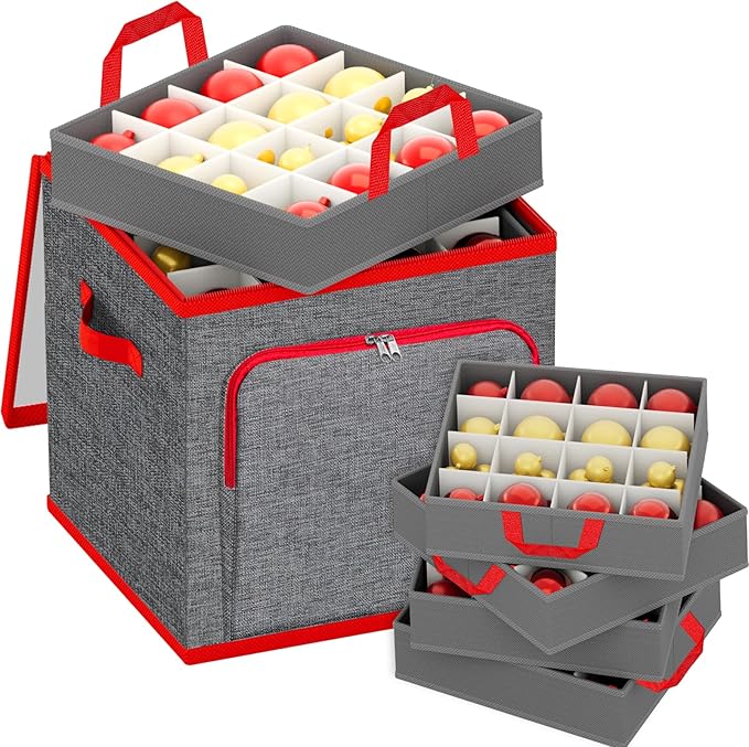 VERONLY Ornament Storage Box with Dividers, Christmas Ornament Storage Containers Include Trays and Zippers, Holiday Ornaments Storage Container with Handles for Xmas(64 Ball, Grey)