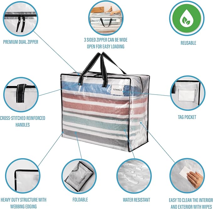 VENO 4 Pack Moving Bags, Christmas Storage Containers, Storage Totes, Zipper On Top, Sturdy, Storage Bags for Camping, Clothes, Bedding, Comforters, Pillows (22 Gallon Clear, 4 Pack)