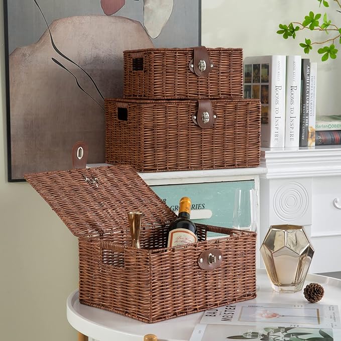 Set of 3 Woven Wicker Storage Basket Box with Lid & Lock, Built-in Carry Handles, Multifunctional Storage Organiser for Nursery, Baby, Clothes, Toys, Books, Large/Medium/Small Size (Natural)