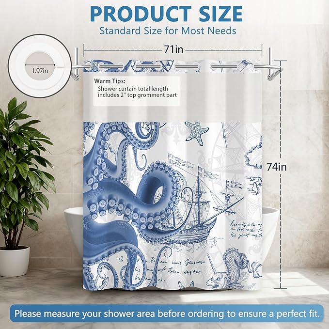 No Hook Shower Curtain and Liner Set, Nautical Navy Blue Shower Curtain with Translucent Window, Double-Layer Waterproof Bathroom Shower Fabric Curtains, Retro Coastal Octopus Pattern, 71x74 Inches