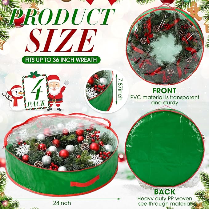 Aliceset 4 Pack Wreath Storage Containers, Christmas Ornament Garland Wreath Storage Bags with Handle Dual Zipper Large Decorative Storages Box for Winter Wreaths(24 x 24 x 7.8 Inch,Light Green)