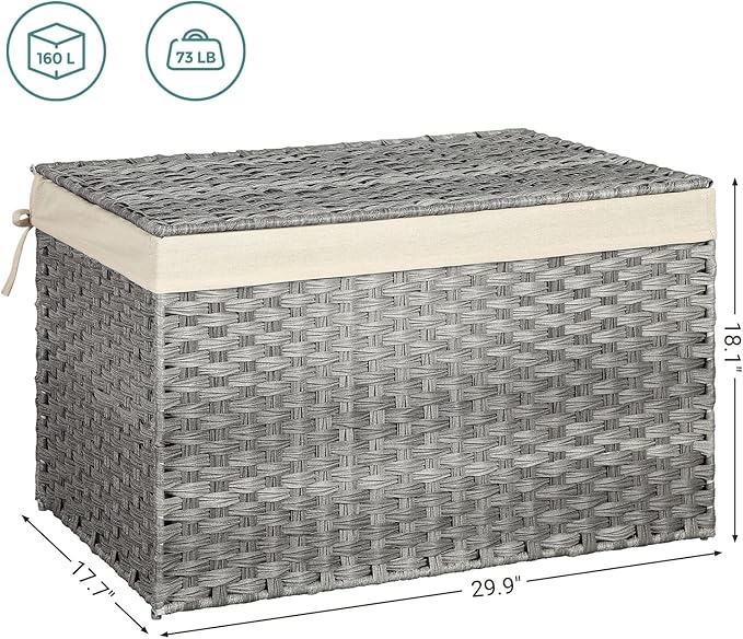 SONGMICS Storage Basket with Lid, Woven Blanket Storage Bin with Handles, Foldable, Removable Liner, Metal Frame, for Bedroom, Laundry Room, 42.3 Gallons (160 L), Gray URST76WG
