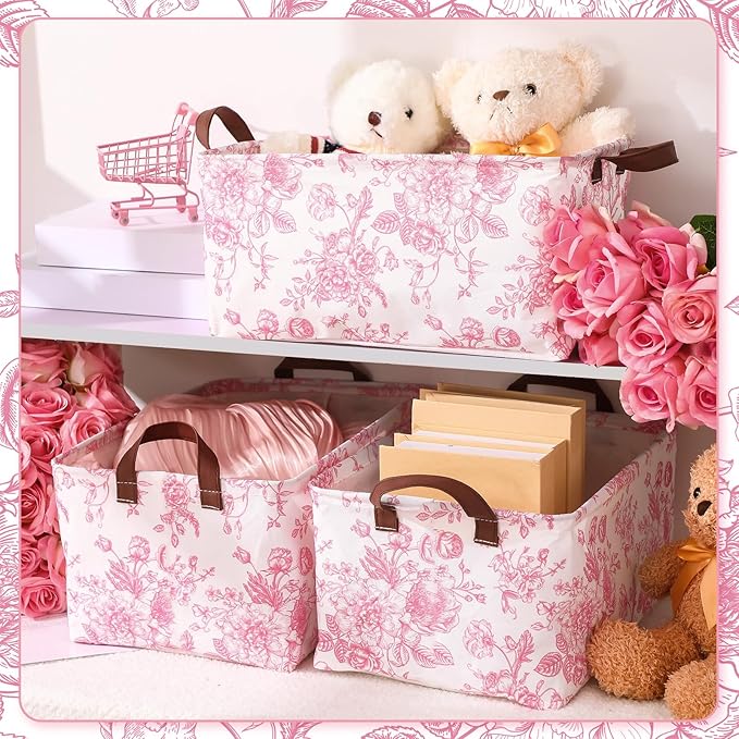 Boao 3 Pcs Pink Flower Foldable Storage Baskets Pink Hydrangea Laundry Basket with Handles Waterproof Storage Bins Fabric Shelf Baskets for Organizing Closet Clothes