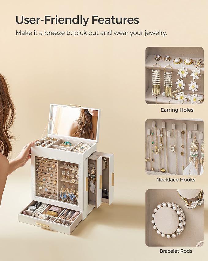 SONGMICS Jewelry Box with Glass Window, 5-Layer Jewelry Organizer with 3 Side Drawers, Jewelry Storage, with Big Mirror, Modern, 6.1 x 10.3 x 12.6 Inches, Cloud White and Metallic Gold UJBC162W01