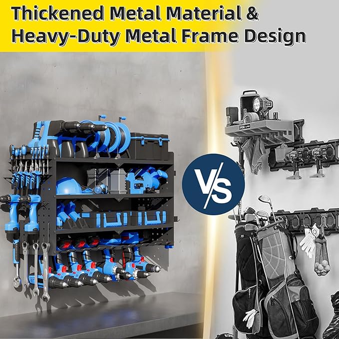 Power Tool Organizer Wall Mount with Charging Station, 4 Layers 8 Drill Holder, Heavy Duty Storage Utility Racks, Supports 600 lbs,Battery Shelf for Garage and Workbench (32 Inch 8 Drills Holder)