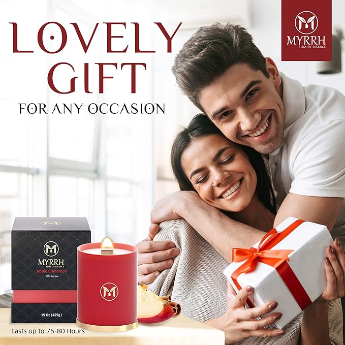 MyrrhUSA Apple Cinnamon Scented Candle – 15 oz Natural Soy Wax with Crackling Wooden Wick & Essential Oil | 80 Hour Burn | Luxury Aromatherapy Candle for Relaxation, Home Décor, Living Room & Bathroom