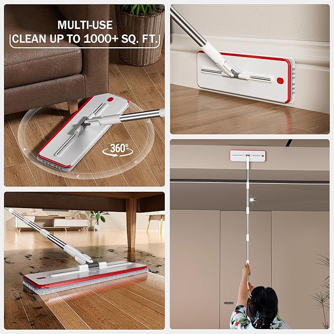 HoMettler Mop and Bucket Set, Flat Mop and Bucket System with Separate Dirty and Clean Water, 3-Compartment Wall Cleaner Mop, Flat Mops for Floor Cleaning with 6 Microfiber Pads