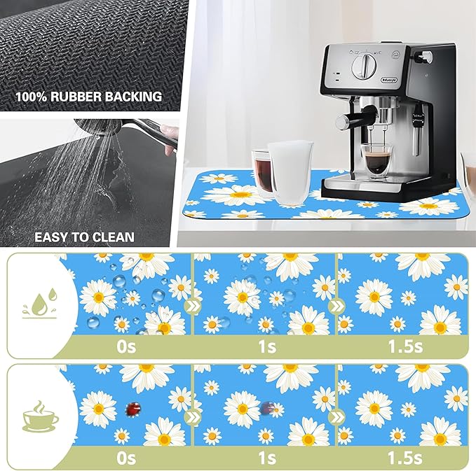 Kitchen Mat White Daisy Flowers Dish Drying Mat 12"x19" Bsorbent Coffee Maker Mat for Sink Dishes or Under Rack Kitchen Counter Accessories Absorbent Hide Stain Rubber Backed Dish Drying Pad