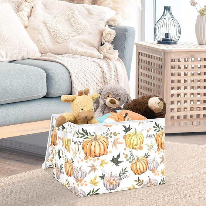 Thanksgiving Storage Baskets Collapsible Storage Bins with Lids, Pumpkins Flowers Leaves Thanksgiving Storage Boxes Clothes Baskets for Organizing