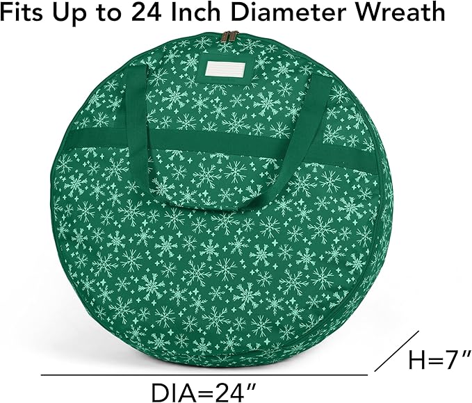 Covermates Keepsakes Wreath Storage Bag – Heavy-Duty Polyester with Buckle Straps & Interior Pouch – Protective Holiday Wreath Organizer with Handles, D-Ring & Label Window, Green Snowflake
