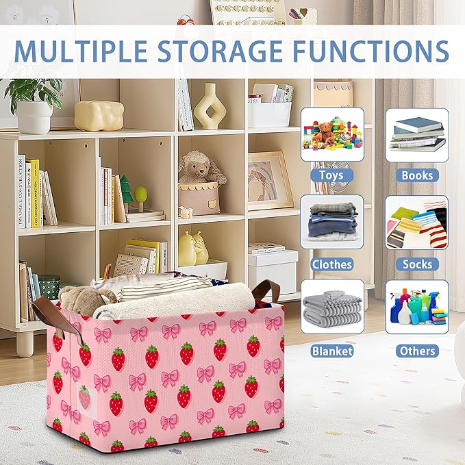 Strawberry Storage Basket with Handles,Bow Collapsible Rectangle Organizer Bin for Room Decoration Books Box Baskets 17x11.5x10Inch
