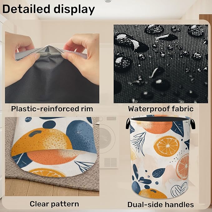 Summer Fruits Orange Laundry Basket with Handles - Extra Large Foldable Hamper for Bathroom/Laundry/Bedroom/Dorm, Washable Fabric Storage Bin