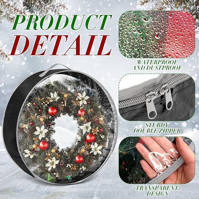 4 Pcs Christmas Wreath Storage Bag, Christmas Garland Storage Container with Clear Window, Zipper & Handle for Xmas Holiday Seasonal Wreath Garland Box(Black,24")