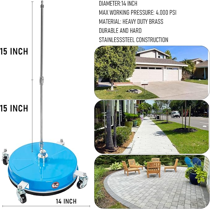 Wexo Palindrog 14" Pressure Washer Surface Cleaner with 4 Wheels, Coated Blue Stainless Steel Power Washer Surface Cleaner for Driveway Sidewalk Patio, 1/4" Quick Connector, 2 Extension Wand, 4000 PSI