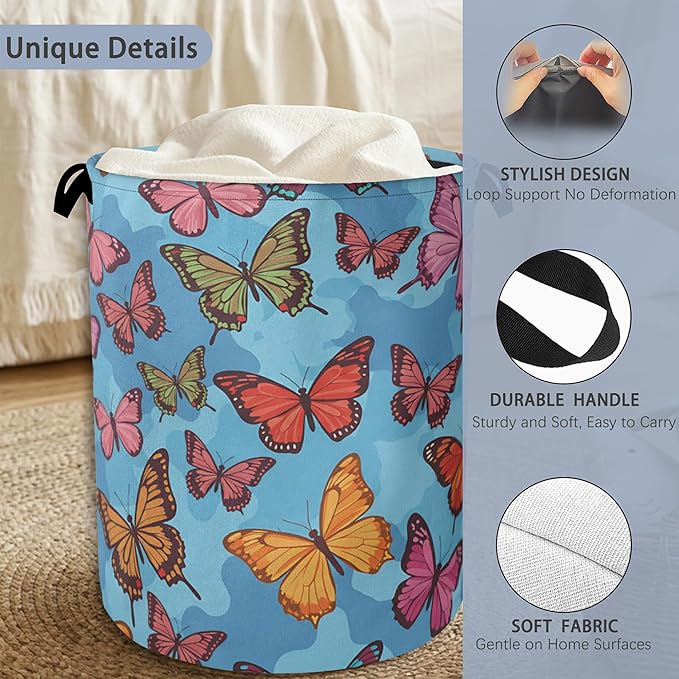 Colorful Butterfly Laundry Basket,Foldable Oxford Cloth Tote Bag Laundry Hamper Clothes Storage Bucket Organizer for Bedroom Laundry Storage Dormitories 16" x 20.8"