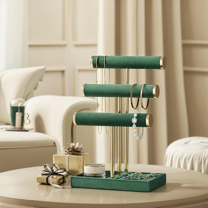 bussdis 3 Tier Bracelet Holder Display - Detachable T Bar Dark Green Velvet Bracelet Holder, Jewelry Holder Organizer for Bracelet, Necklace, Watches, Rings