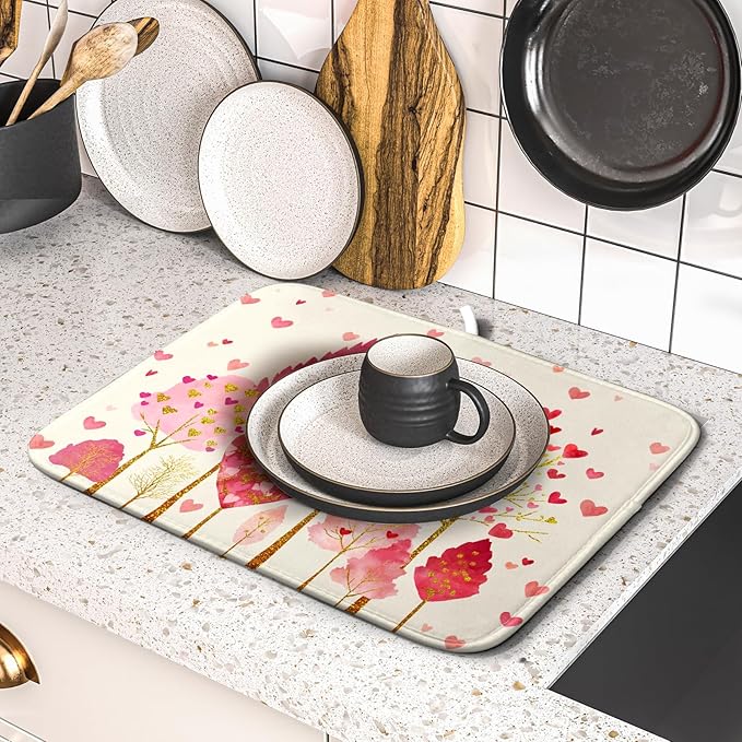 Valentines Day Pink Tree Dish Drying Mat for Kitchen Counter 18x16 Inch Heart Drying Mat with Absorbent Reversible Microfiber Love Dish Drainer Mats Rack Pad for Coffee Countertop Protector